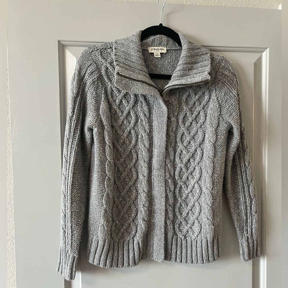 Vintage St. John’s Bay Zip Gray Cardigan Sweater With Collar Size Petite Large